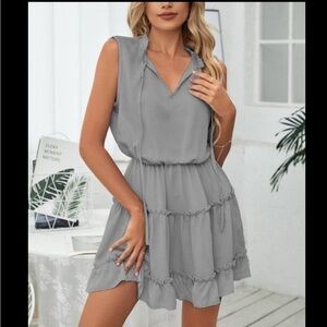 Gray Sleeveless A-line Dress with Cutout and Ruffles XL